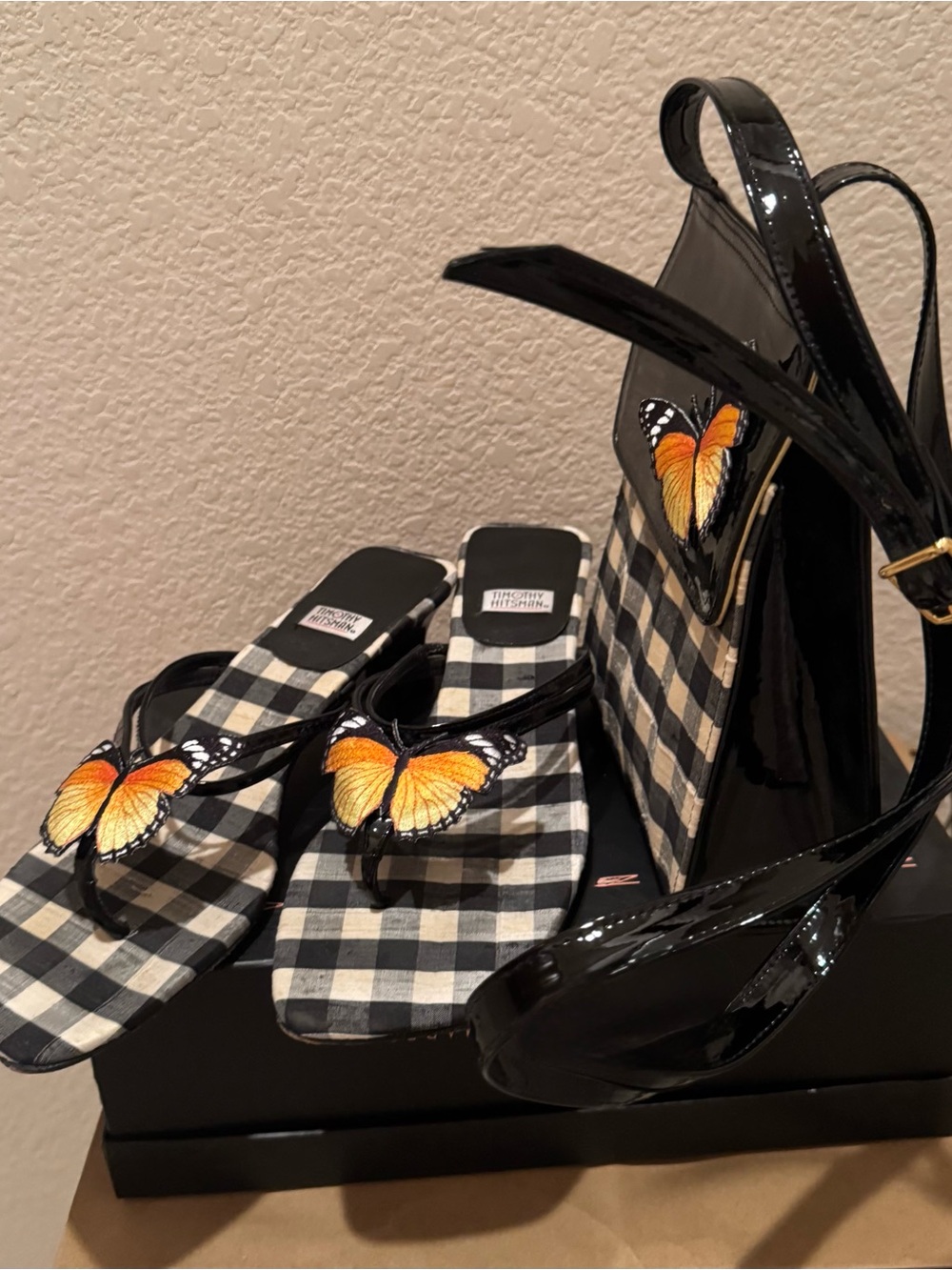 Timothy Hitsman Plaid Sandals with Orange Butterfly Accent Women’s Sandals/Bag